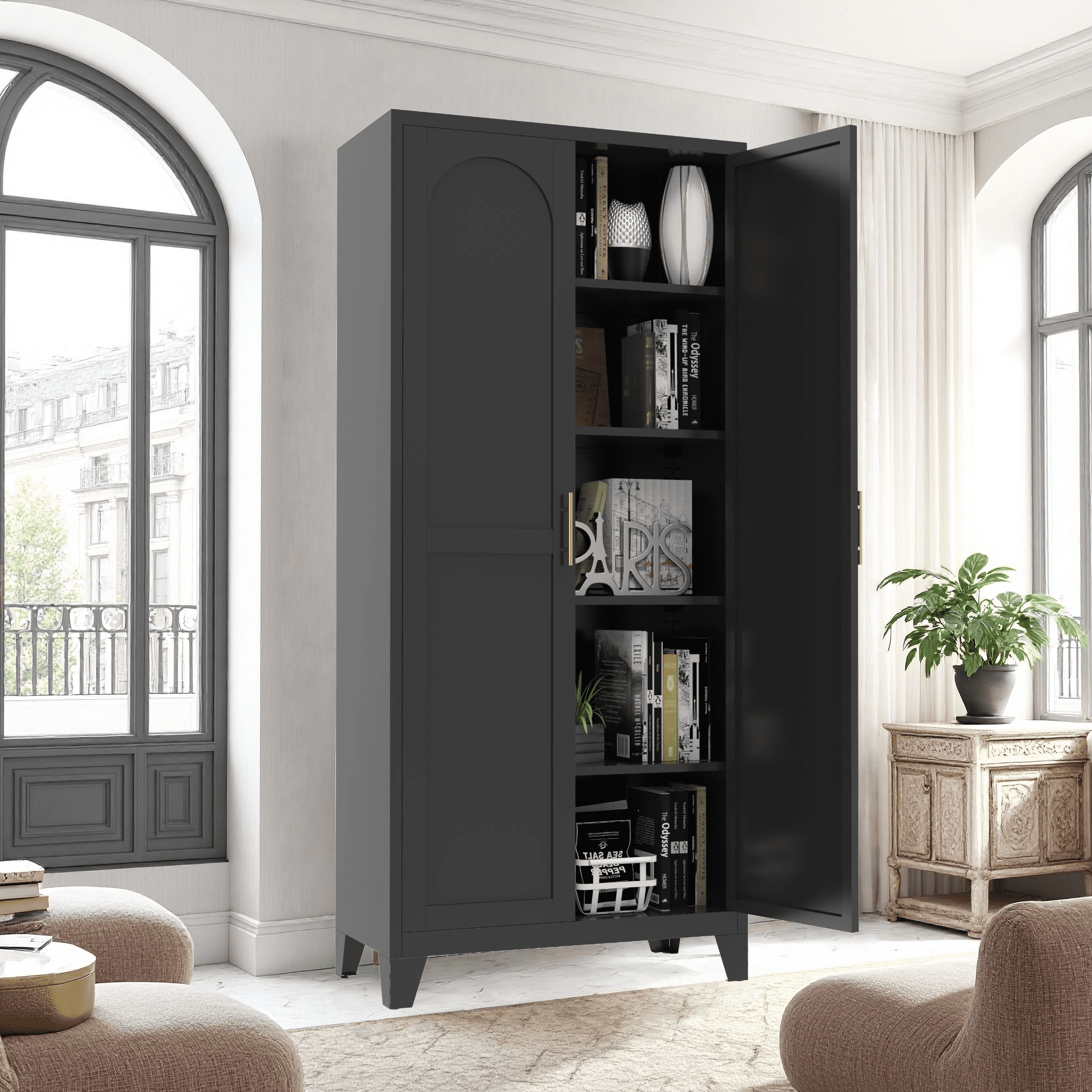 Miniyam 71"H Metal Storage Cabinet with 2 Shaped Doors & Adjustable Shelves – Black, for Bedroom/Living Room/Kitchen