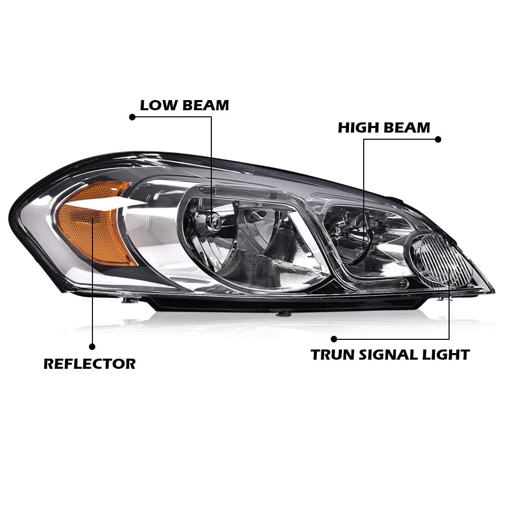 PIT66 LED Headlight Headlamp Clear Lens Chrome Housing Amber Reflector Fit for 06-07 Chevy Monte Carlo/06-13 Chevy Impala/14-16 Chevrolet Impala DRL Assembly Accessories