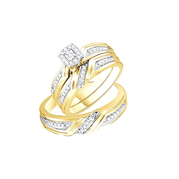 AFFY White Natural Diamond Engagement & Wedding Trio Band Ring Set In 10k Yellow Gold (0.31 Cttw)