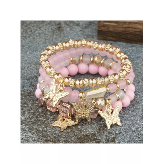 EOEMY 4Pcs Butterfly Charm Pink Beaded Bracelet Creative Jewelry For Women Crafted-Default