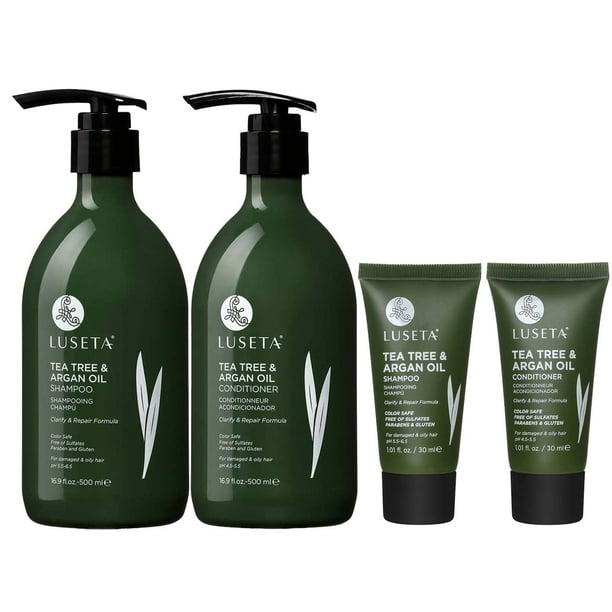 Juego de champú y acondicionador de árbol de té Luseta, tamaño completo y de viaje para cabello graso, aclara la caspa con reparación de aceite de argán (2 x 16,9 fl oz + 2 x 1,01 fl oz)