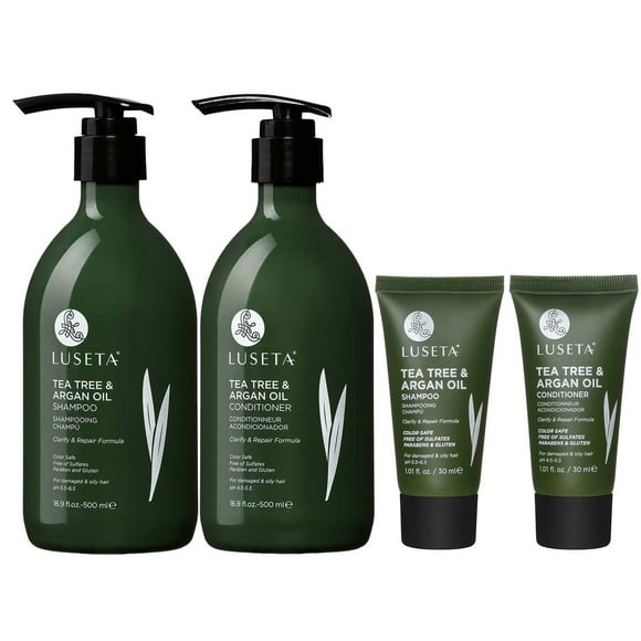 Luseta Ensemble Shampooing et après-Shampooing à l'Arbre à Thé - Taille Complète et Voyage pour Cheveux Gras, Clarifiant les Pellicules avec Réparation à l'Huile d'Argan (2x16.9 fl oz + 2x1.01 fl oz)