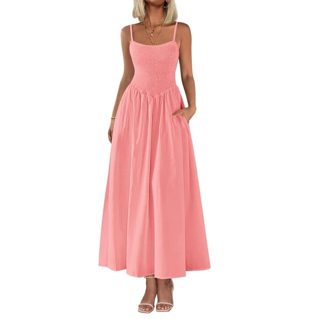 Vestido largo PRETTYGARDEN para mujer, fruncido, verano, playa, rosa