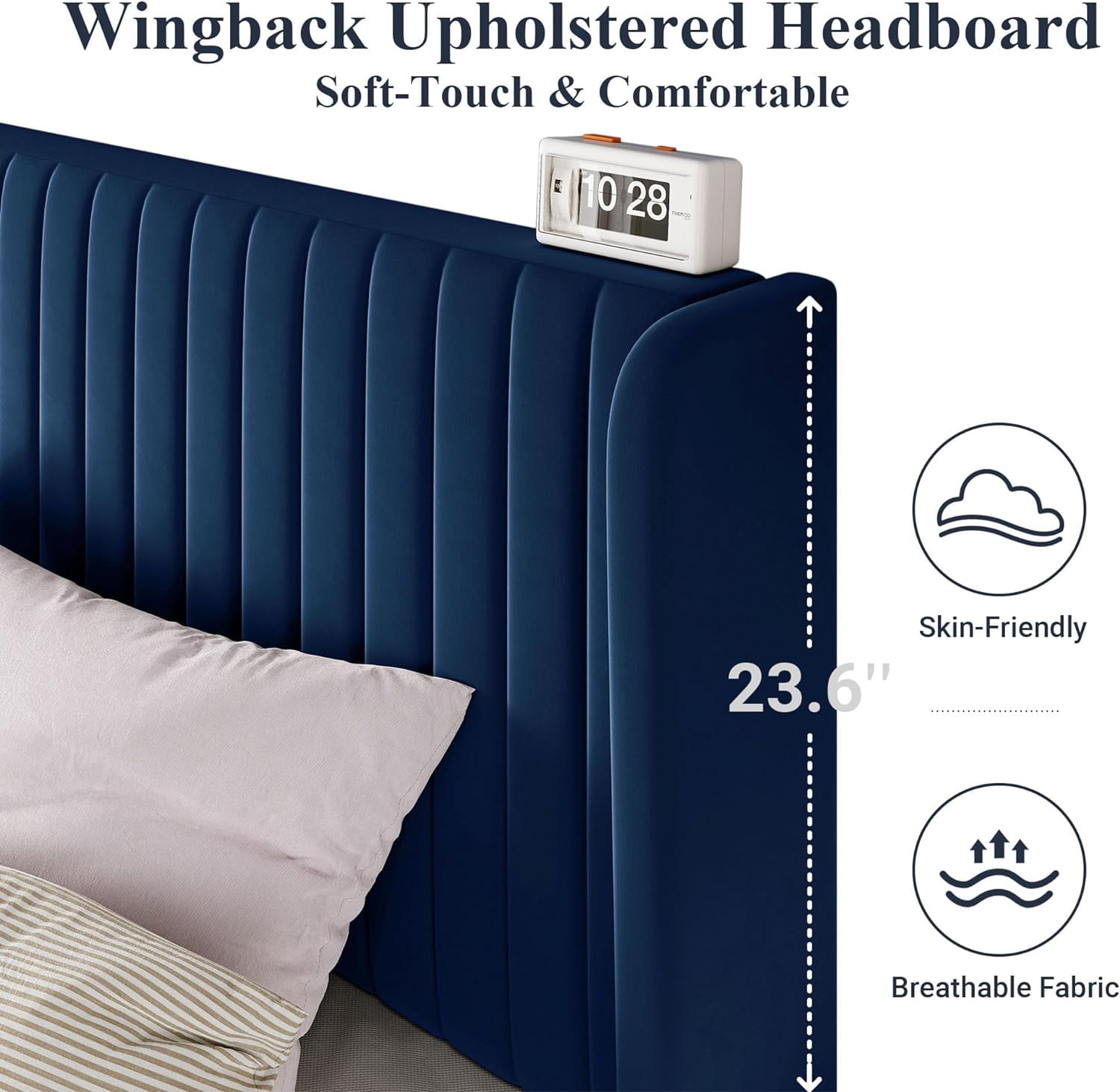 Allewie Queen Size Velvet Bed Frame/Vertical Channel Tufted Wingback Headboard/Upholstered Platform Bed/Strong Wooden Slats/No Box Spring Needed/Easy Assembly/Blue