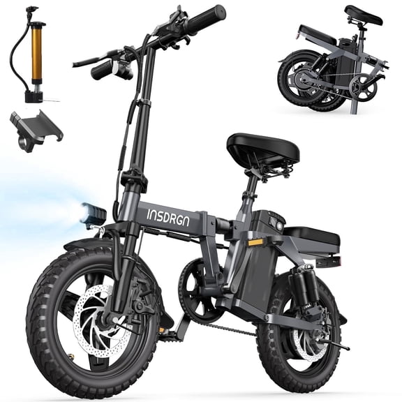 INSDRGN Folding Electric Bike for Adults Teens, 650W Peak Motor, 10.4AH 48V Battery 14" Electric Bicycles, 28 Miles Range, Mini Ebike for City Commuter, UL2849, Gray