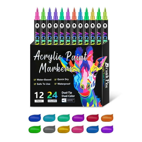 AOOOWER 12Pieces Double Ended Acrylic Markers Acrylic Paint Pen with Brush Tip for Painting on Paper Wood Glass Ceramic Canvas