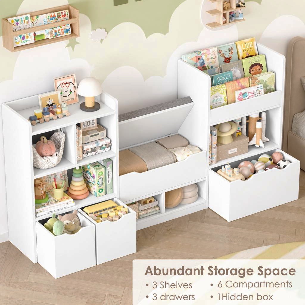 Hiphuta 72"Wide Kids Bookcase with Reading Nook and Under Bench Storage, Wooden Toy Storage Organizer & Book Rack for Kids Room, White