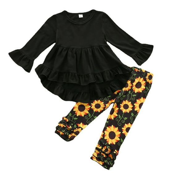 CONYUMN Girl Clothes Kids Toddler Baby Children Girls Autumn Print Round Collar Cotton Long Sleeve Long Pants Tops Set Outfits Clothes (Black,120)
