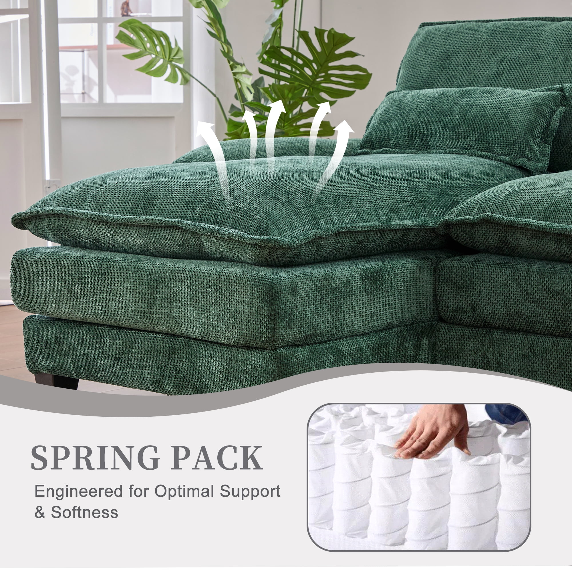 Villeston 126.77" U-Shaped Cloud Sofa With Chaise Lounge, Chenille Sofa With Wireless Charging, Bluetooth Speaker, Two Cup Holders, Storage Drawer, Suitable For Living Room,Green