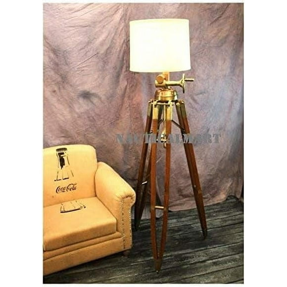 Royal Marine Lamp Huge Tripod Floor Lamp Antique Brass with Wooden Base (Shade Not Included)