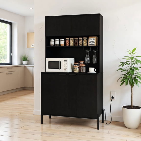 Resenkos 64.5 Inches Tall Kitchen Pantry Cabinet with Charging Station, Freestanding Storage Organizer with Wine Glass Rack for Kitchen, Black