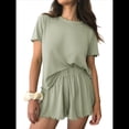 thumbnail image 3 of Conjunto de Pijama de Verano de 2 Piezas de Punto Acanalado y Corta para Mujer, Suave y Cómodo, para Estar en Casa. Color Matcha L, 3 of 9