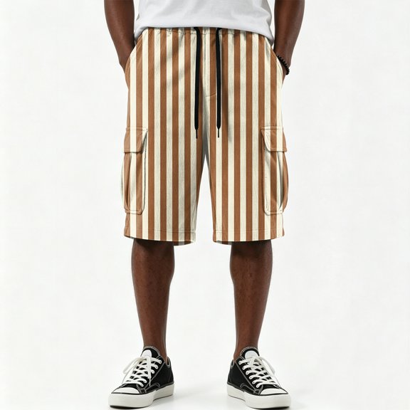 Men Vertical Stripe Print Corduroy Cargo Shorts Drawstring Elastic Waist Multi Pockets Knee Length Casual Shorts For Summer Beach Vacation Outdoor Travel