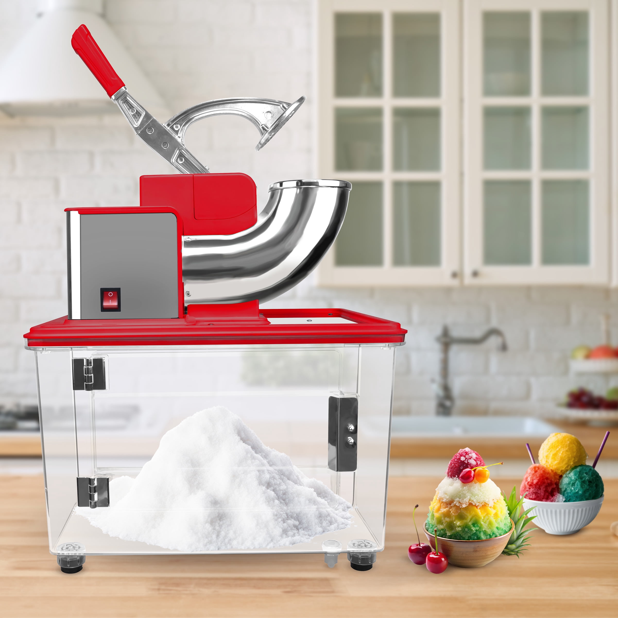 Electric Ice Crusher Machine, 250W Dual Blade Slushie Maker with 39L Bin, Heavy-Duty for Commercial Use (Red) by Great Northern Popcorn