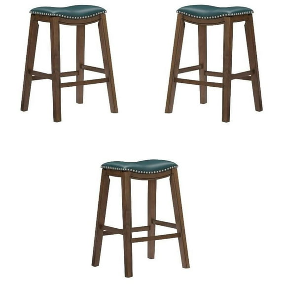 Pemberly Row 29" Upholstered Faux Leather Saddle Bar Stool in Green - Set of 3