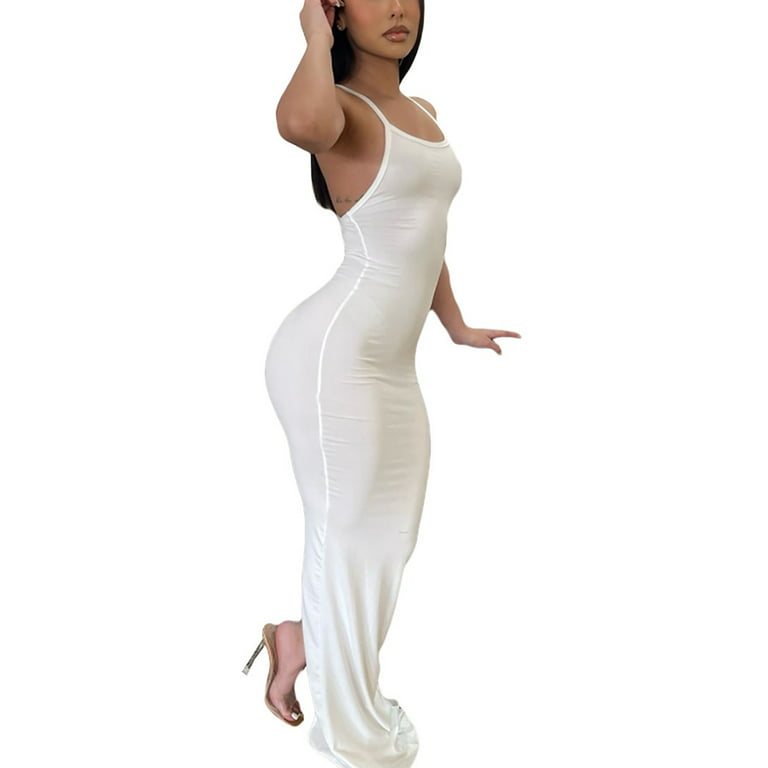 ALSLIAO Womens Spaghetti Straps Bodycon Sleeveless Long Plain Slip Maxi  Dress White L 