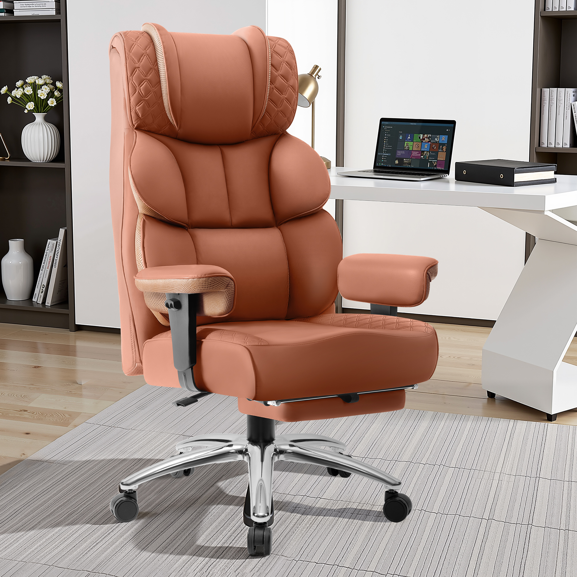 CoolHut Big and Tall Office Chair 400LBS, Adjustable Headrest Ergonomic Computer Desk Chair, Executive Leather Chair with Adjustable Armrest, High Back Office Chair Havy Duty Design, Brown