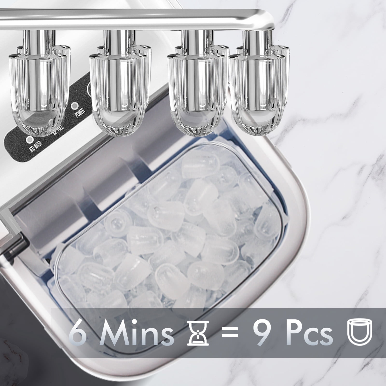 Auseo Countertop Ice Maker Machine 26lbs/24H, 6 Mins/9 Bullets of ice, Self-Cleaning, White