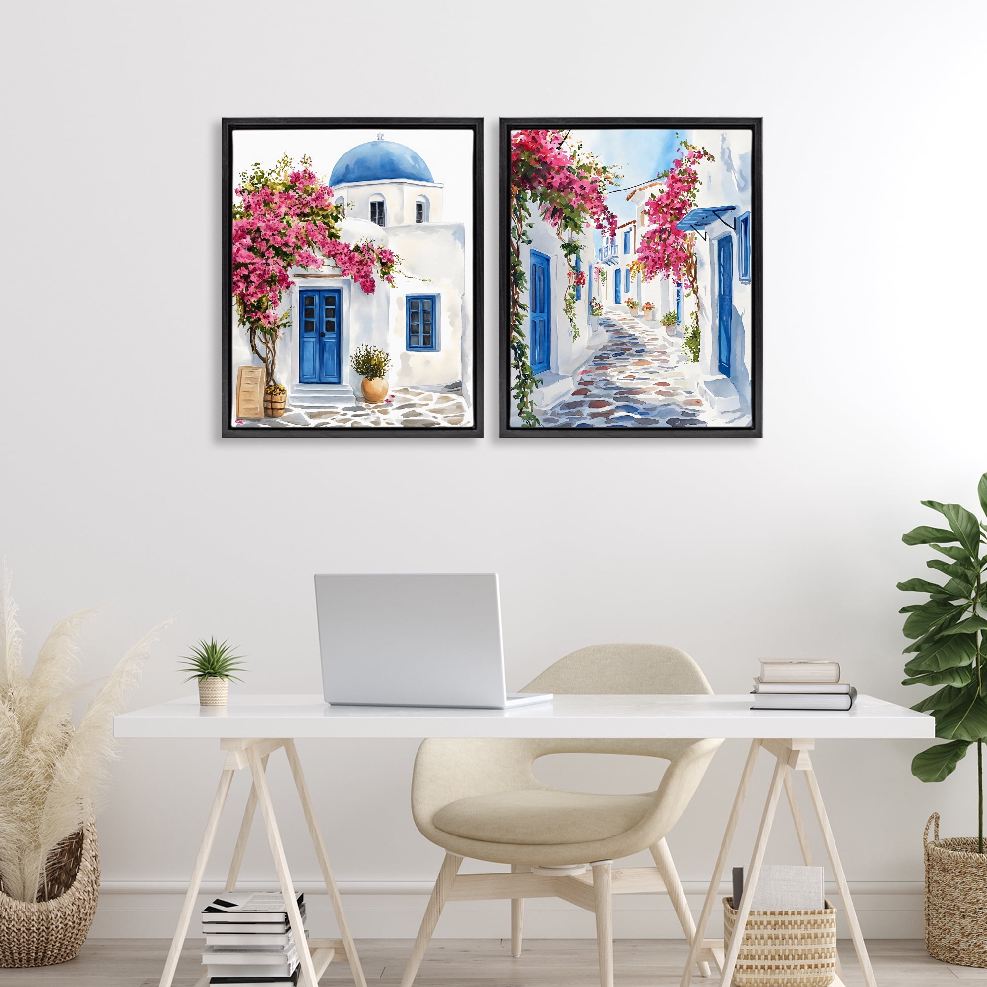 Stupell Industries Santorini House with Pink Tree 2 Piece Black Framed Floater Canvas Set, design by LSR Design Studio