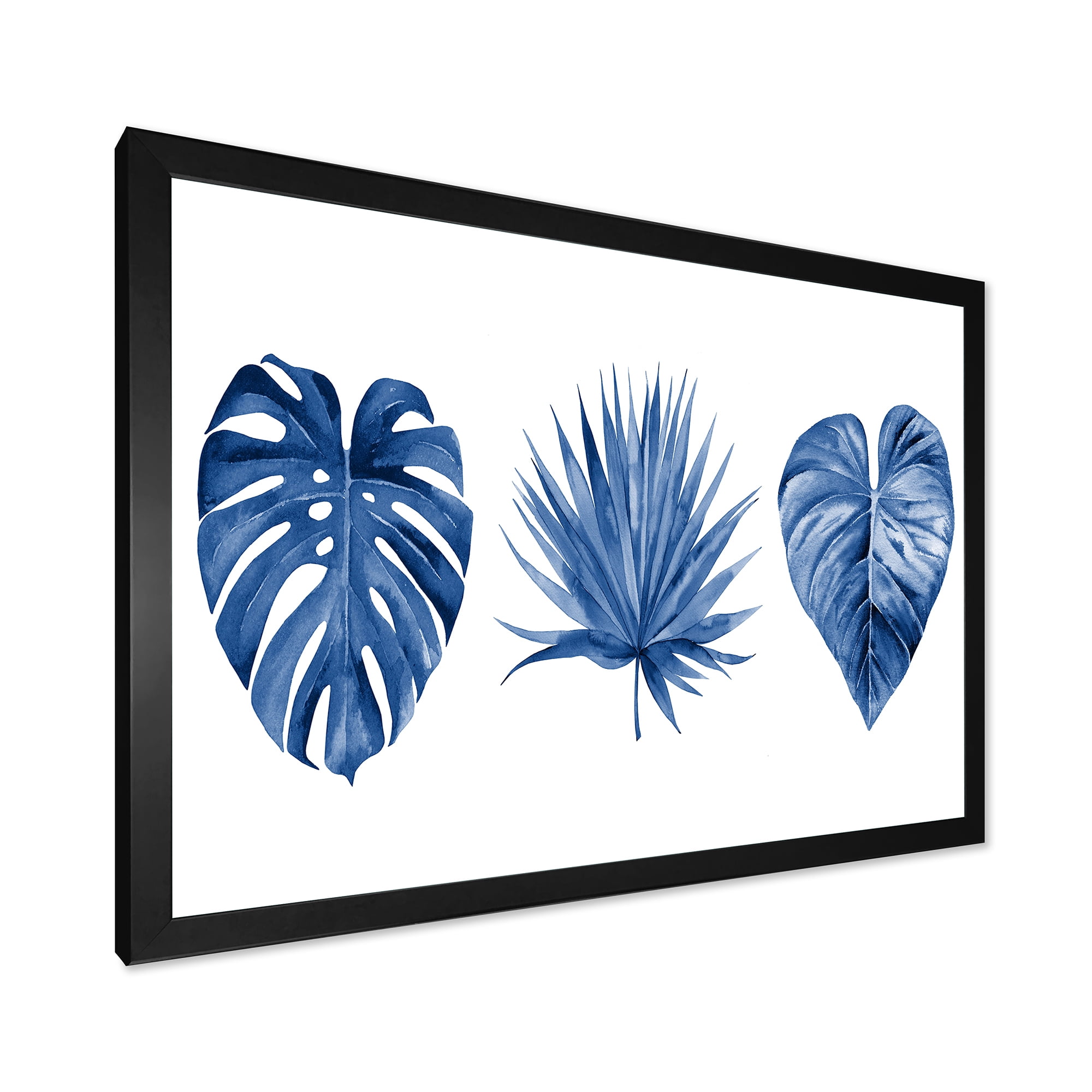 Designart 'Tropical Leaves In Classic Blue ' Tropical Framed Art Print
