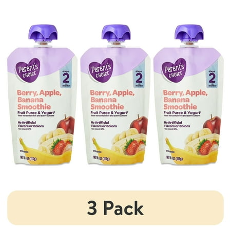(3 pack) Parent's Choice Stage 2 Baby Food Berry, Apple, Banana Smoothie Fruit Puree and Yogurt, 4 oz Pouch