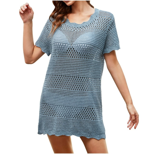 Besolor Paréo de Maillot de Bain pour Femme Crochet Cache-Maillot Col Ras du Cou Manches Courtes Tenue de Plage d'Été Robe de Plage