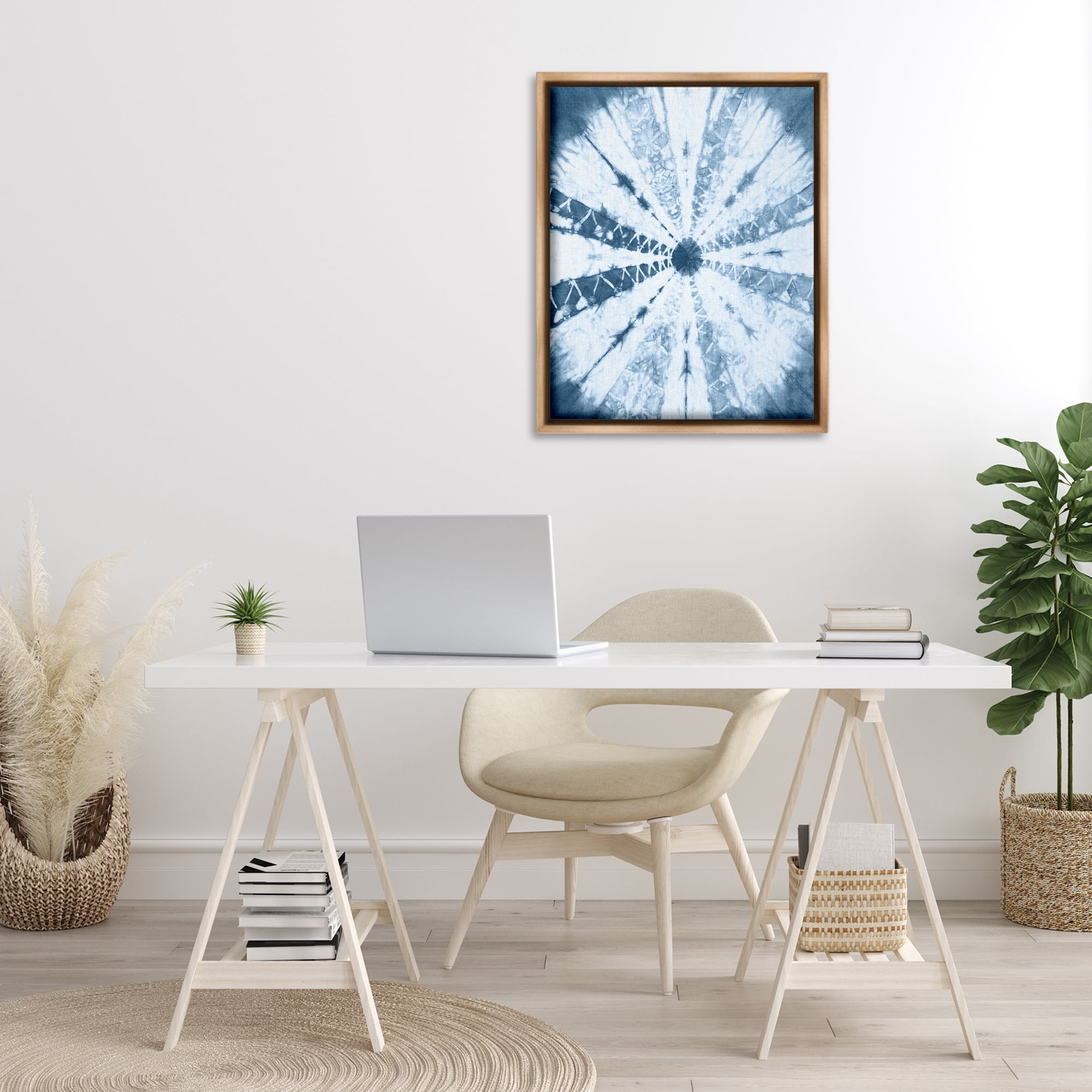 Stupell Industries Blue Tie Dye Sunburst Abstract Painting Brown Floater Framed Canvas Art Print Wall Art, 25 x 31