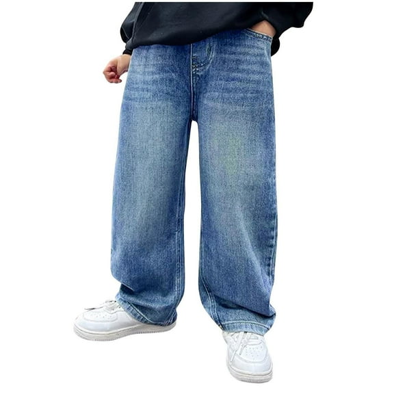 UAMVSH Boys Baggy Jeans Vintage Straight Wide Leg Denim Pants with Pockets Casual Elastic Waist Loose Fit Streetwear Fashion Pants(14-15 Years,Light Blue)