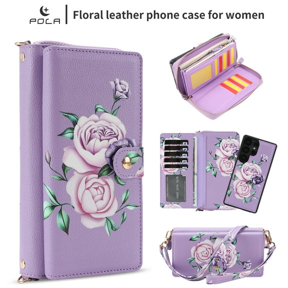ELEHOLD For Samsung Galaxy S25 Ultra Detachable Wallet Case, Shock-Resistant Heavy Duty PU Leather Floral Magnetic Zipper Credit Card Slots Wallet Case With Strap ,Purple