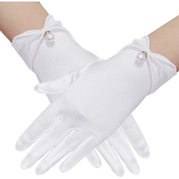 Namzi Guantes de satén, guantes cortos, guantes de princesa, para bodas, ópera, banquetes y fiestas de disfraces - Blanco