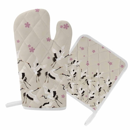 Oven Mitts and Pot Holder Set for Kitchen Cherry Blossom Crane Kitchen Oven Gloves Heat Resistance Non-Slip Surface Potholders Japanese Style Beige Hot Pads Sets for Cooking Baking Grilling BBQ