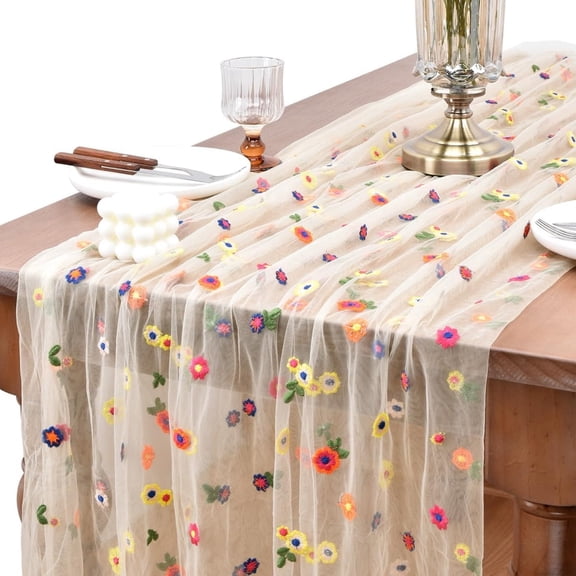 Champagne Embroidery Daisy Floral Table Runner 10ft Tulle Flower Table Decorations for Birthday Party Holiday Easter Indoor Home Kitchen Dining Table Decor
