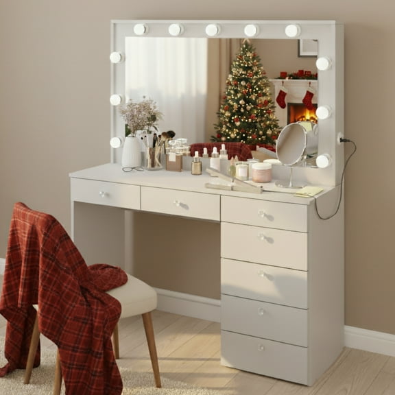 Boahaus GRWM Diana White Makeup Vanity with 7 Drawers, Mirror, Lights & Charging Station
