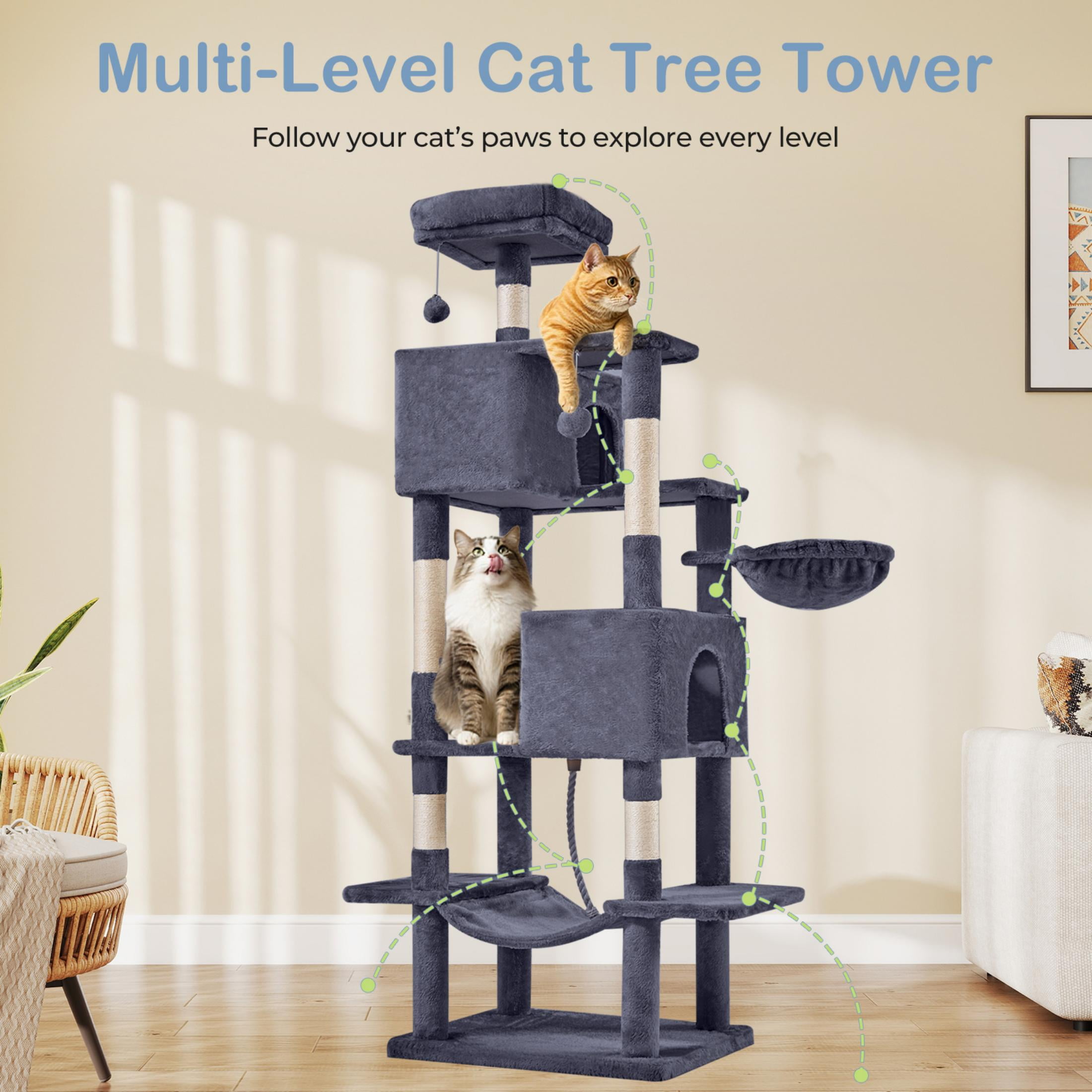 EDX 66" Cat Tree Tower for Indoor Cats, Multi-Level Durable Cat Climbing Tower, Large Pet House with Natural Sisal Scratching Post, Cozy Condo, Extended Platform, Kitten Toy and Hammock, Dark Grey