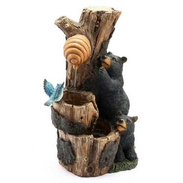 LuxenHome Bear and Honey Beehive Tree Resin Outdoor Fountain with LED Lights