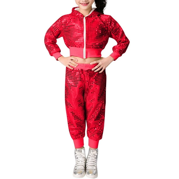 Odeerbi 1-8 Años Niños Niñas Sudaderas Con Capucha de Lentejuelas Sudaderas Con Capucha de Algodón Brillante Hip Hop Escenario Trajes Pantalones Largos Conjunto