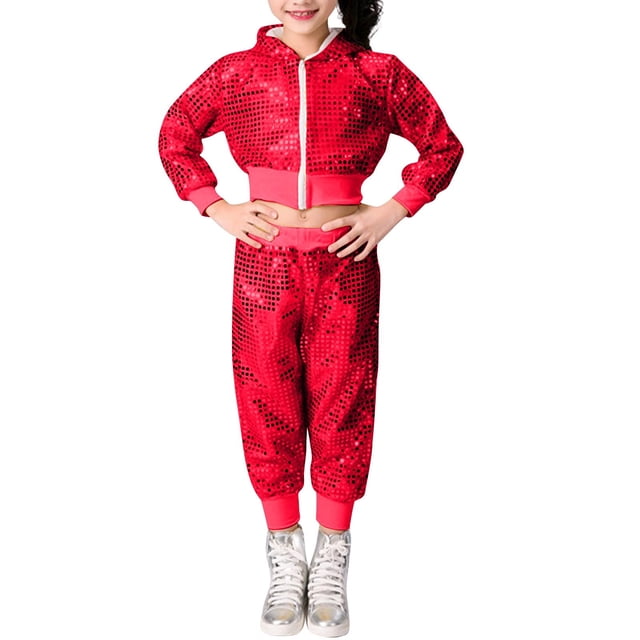 Odeerbi 1-8 Años Niños Niñas Sudaderas Con Capucha de Lentejuelas Sudaderas Con Capucha de Algodón Brillante Hip Hop Escenario Trajes Pantalones Largos Conjunto