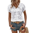 thumbnail image 3 of QAFOPEH Women Lace Patchwork V Neck Short Sleeve Solid Color Top, 3 of 7