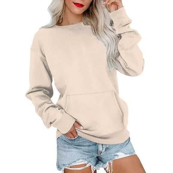 Pxiakgy Crewneck Sweatshirts Women Long Sleeve Crew Neck Sweatshirt Trendy Casual Pullover Tops Fall Winter Outfits 2025 Women's Casual Solid Color Round Neck Pocket Long Sleeve Top Sweatshirt Beige L