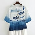 thumbnail image 4 of Xoenoiee Blue Fish Flower Print Cotton Button Down Shirts for Women Business Casual Linen Tops 3/4 Sleeve Work Blouses Spring Outfit, XL, 4 of 7