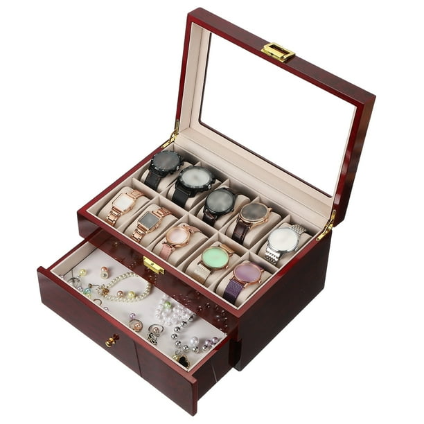 Caja de almacenamiento para relojes Xcell de 20 ranuras, caja de relojes para hombres con tapa de vidrio, caja de madera para relojes con almohadilla removible, roja