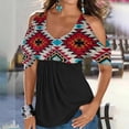 thumbnail image 2 of Usmixi Summer Tee Shirt for Women Women's Cold Shoulder Tops Empire Waist Top Western Ethnic Diamond Print Short Sleeve Shirts Casual Blouses Tunics Red s, 2 of 5