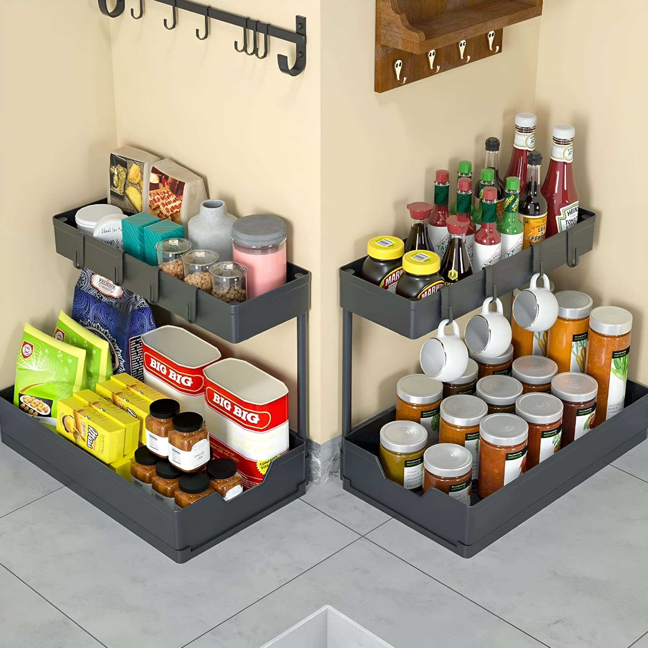 XIBUFE 2-Pack Under Sink Organizer Storage,2 Tier L-Shape Multi-Purpose Large Capacity Kitchen Under Sink Organizers for Narrow Space Easy Access Sliding Storage Drawer with Hangers for Bathroom