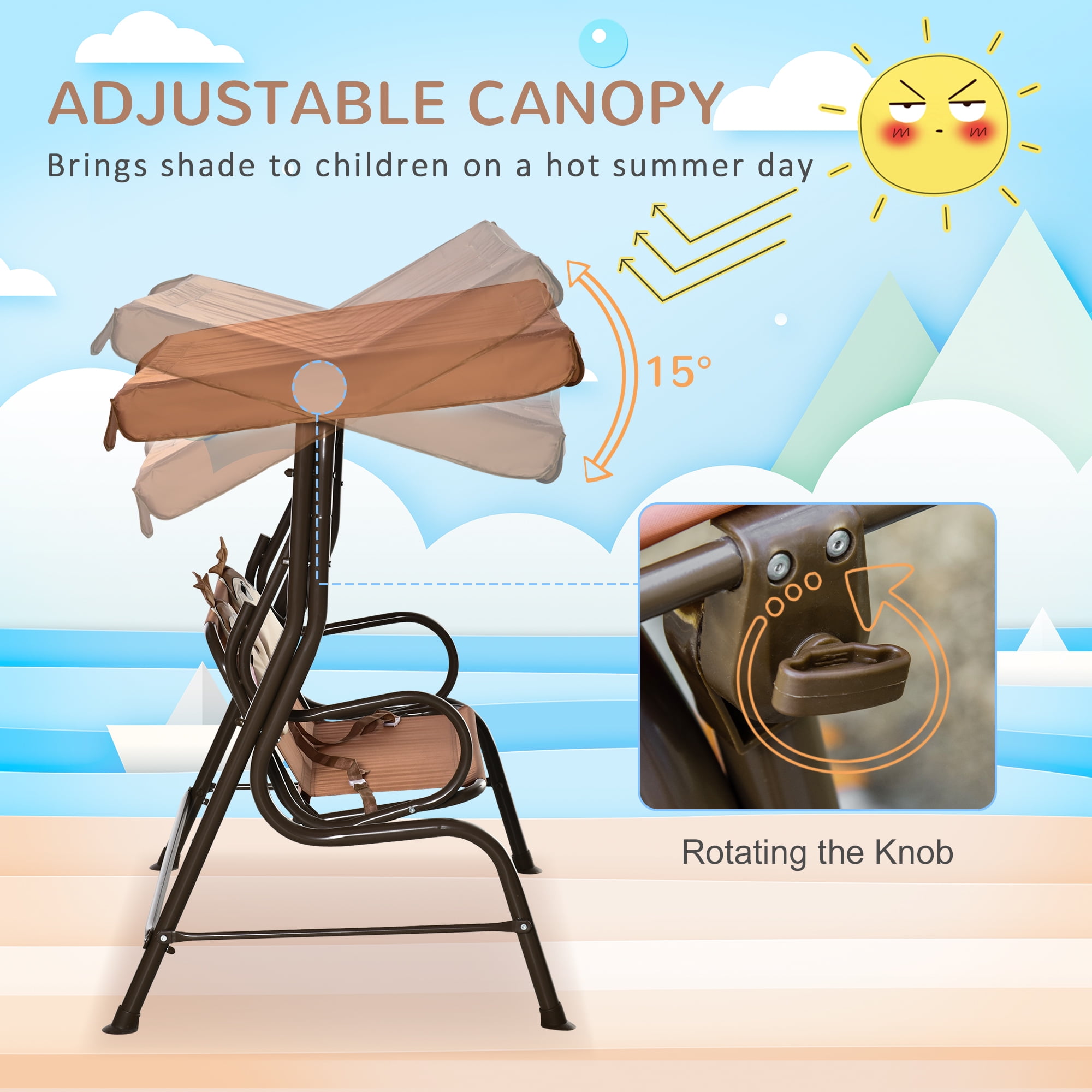 for Garden Porch for 3-6 Years Old Outsunny 2-Seat Kids Canopy Swing with Adjustable Awning Coffee Children Outdoor Patio Lounge Chair Monkey Pattern Seat Belt 