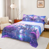 Feelyou Teens Mystic Castle Twin Sheet Sets, Blue Purple Twin Fitted Sheet, Dreamy Cherry Blossoms Flat Sheet, Ultra Soft Bedroom Decor, 3pcs