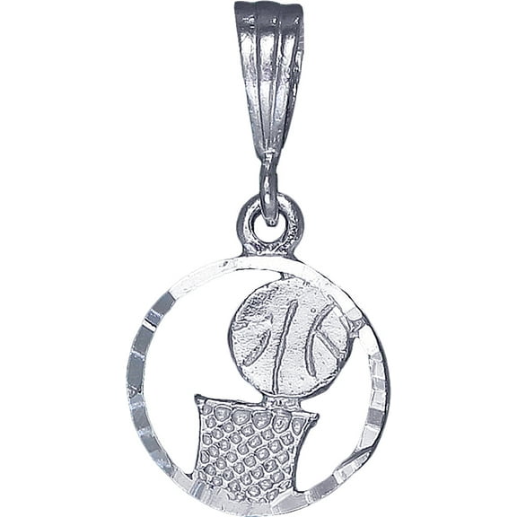 Sterling Silver Basketball Hoop Charm Pendant Necklace with Diamond Cut Finish and 24 Inch Figaro Chain