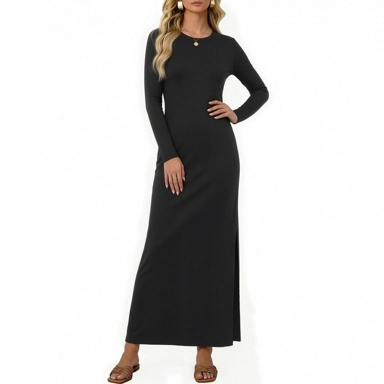 tight black maxi dress Hinvhai Women's Bodycon Maxi Dress Solid Color Long Sleeve Side Slit Dresses Fitted Tight Basic Party Club Cocktail Black, Size: Large