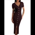 thumbnail image 1 of Vestido Midi Informal de Punto Acanalado, Cuello en V y Corta para Mujer, Otoño 2025, Ajustado, para Invierno Marrón M, 1 of 8