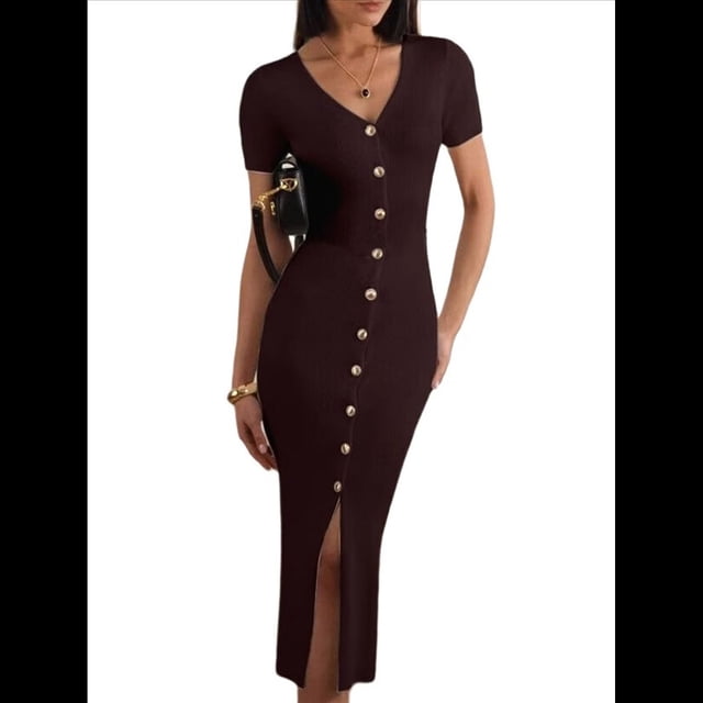 Vestido Midi Informal de Punto Acanalado, Cuello en V y Corta para Mujer, Otoño 2025, Ajustado, para Invierno Marrón M