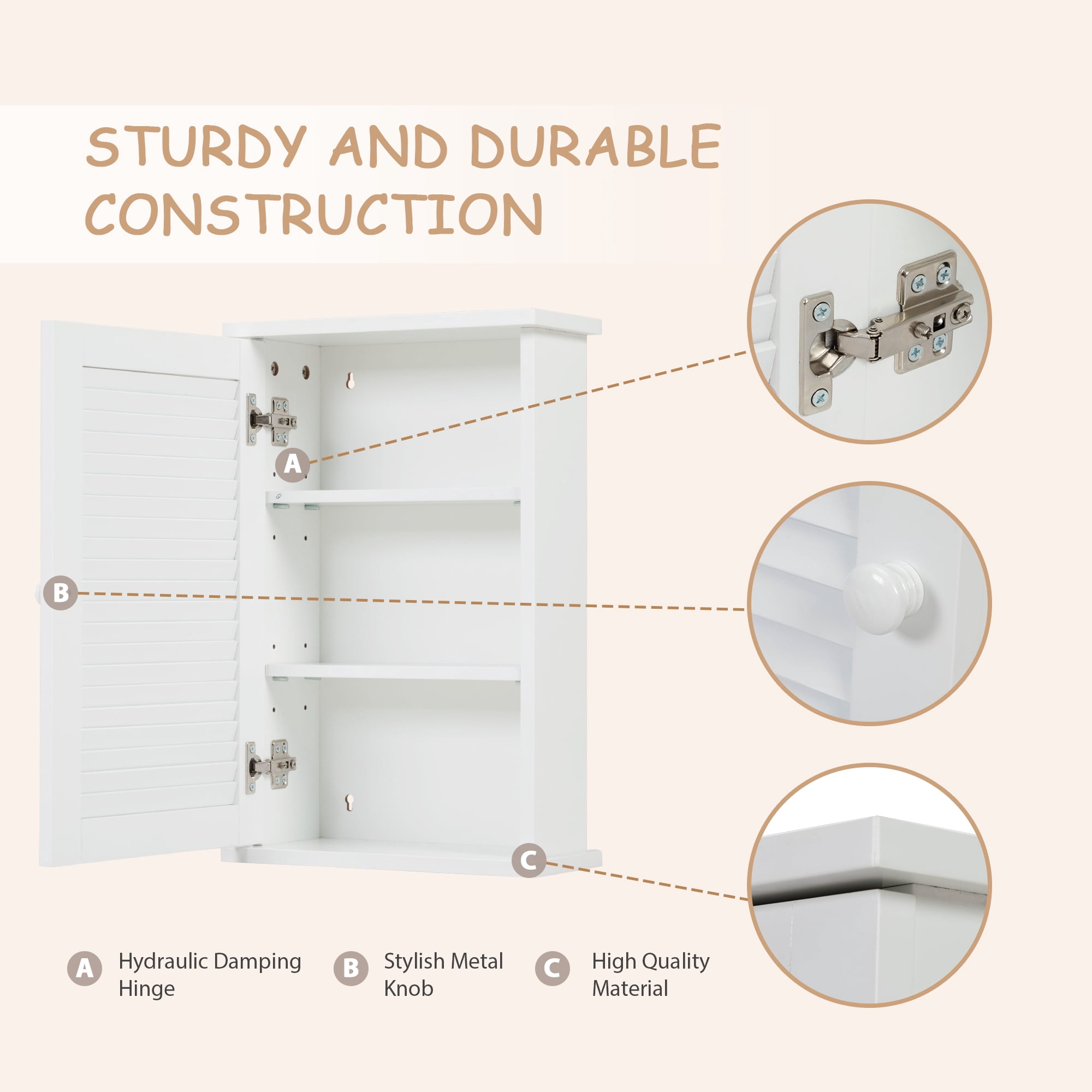 JAXPETY White 3-Tier Bathroom Wall Storage Cabinet with Single Louvered Door, Bathroom Medicine Cabinet, Adjustable Shelf Over-The-Toilet Organizer
